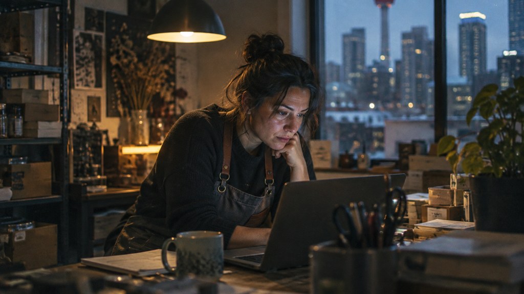 A small-business owner in an apron leaning over a laptop on a cluttered back-office desk late in the day, photographed in Calgary
