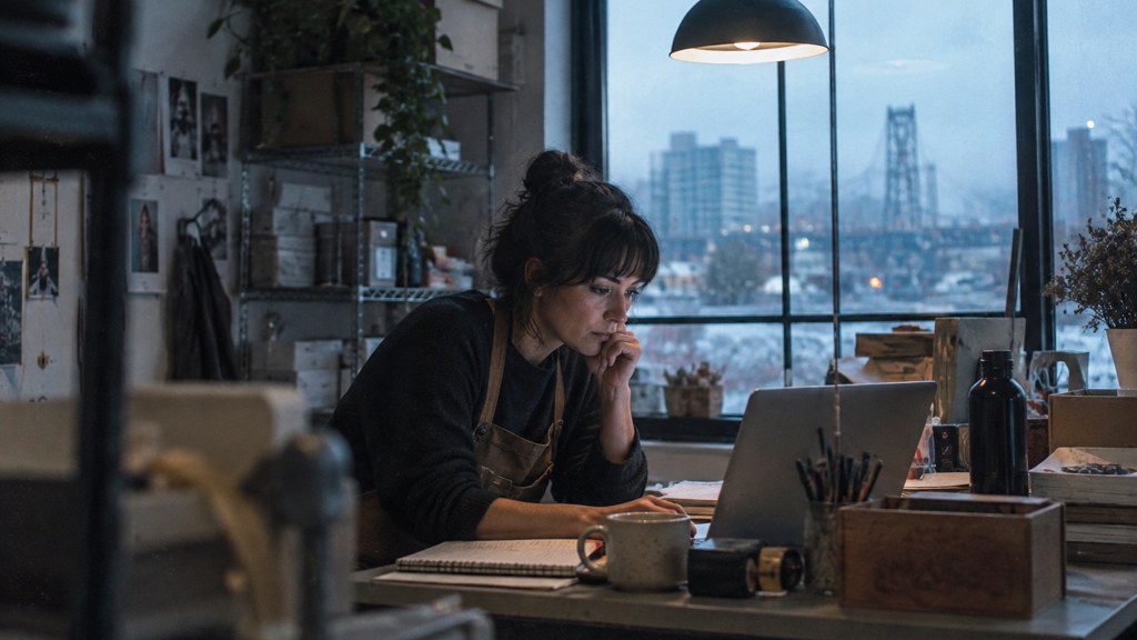 A small-business owner in an apron leaning over a laptop on a cluttered back-office desk late in the day, photographed in Portland