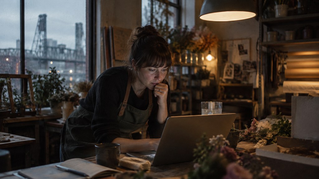 A small-business owner in an apron leaning over a laptop on a cluttered back-office desk late in the day, photographed in Portland