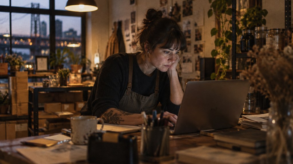 A small-business owner in an apron leaning over a laptop on a cluttered back-office desk late in the day, photographed in Portland