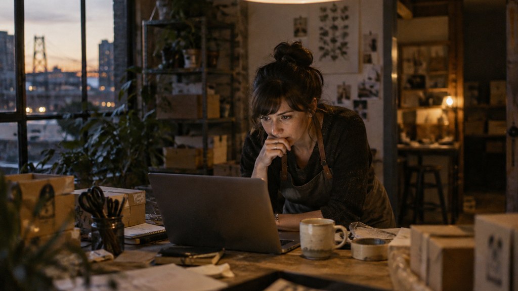 A small-business owner in an apron leaning over a laptop on a cluttered back-office desk late in the day, photographed in Portland