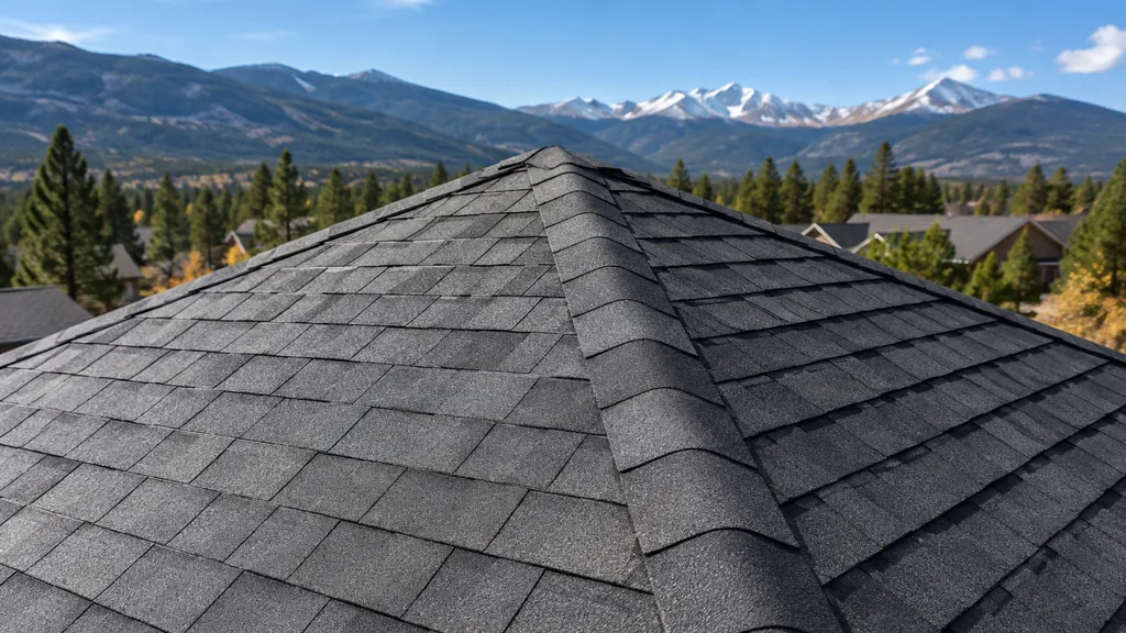 An empty roof surface: a bare pitched asphalt-shingle roof section under crisp high-altitude Colorado daylight, clean ridge line, no tools