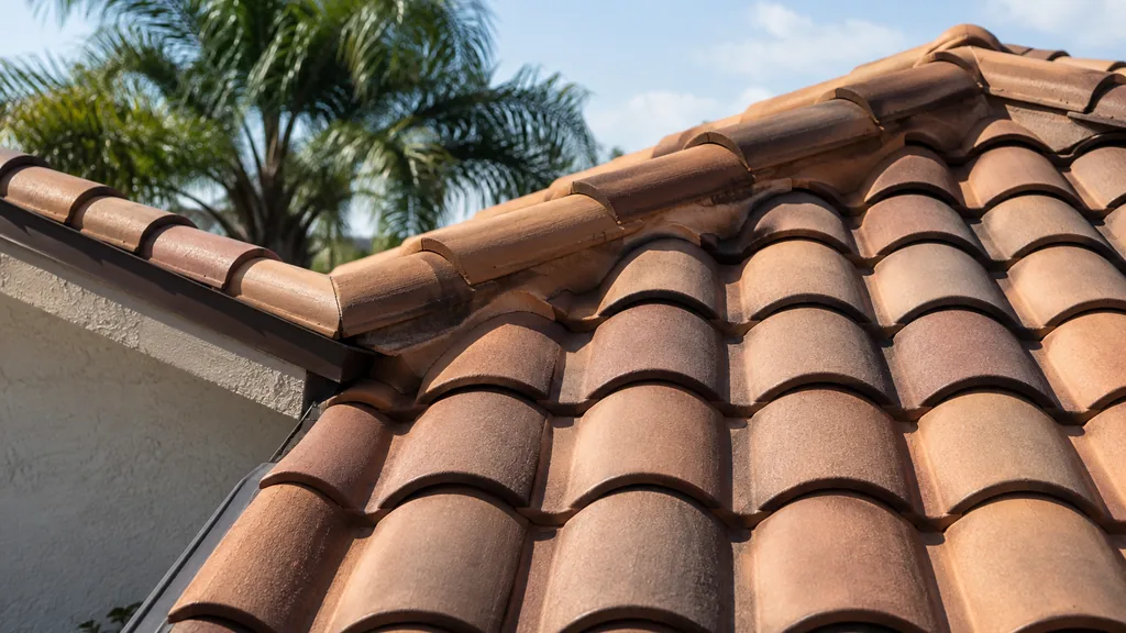 An empty roof surface: a plain barrel-tile roof slope in bright humid Florida light with clean flashing, no tools