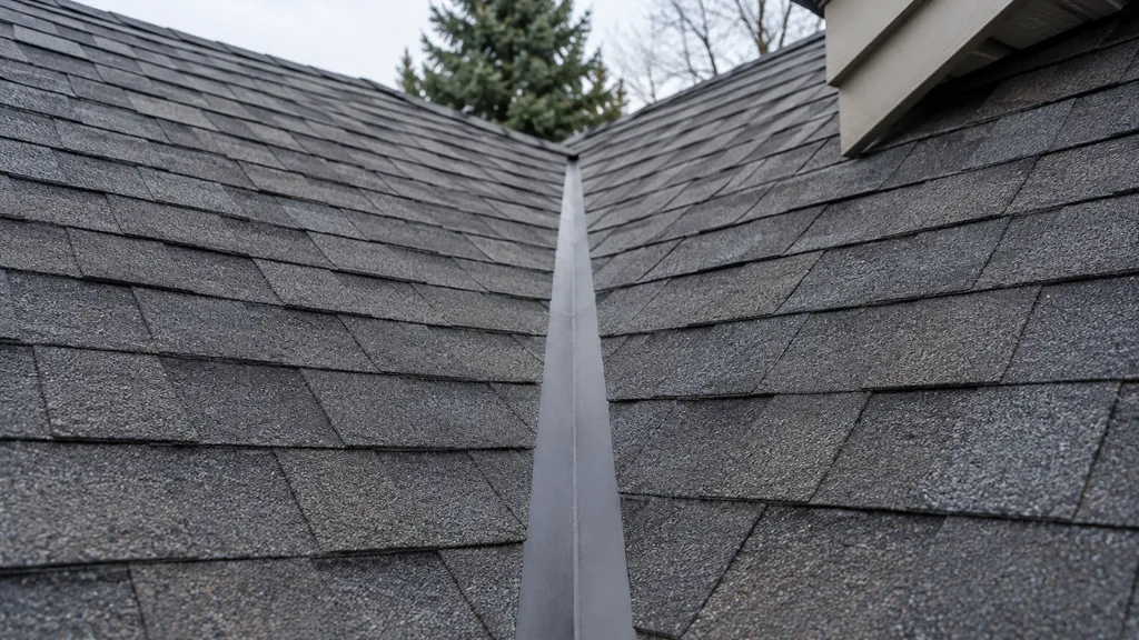 An empty roof surface: a steep asphalt-shingle roof section with a clean valley under soft overcast Ontario light, no tools