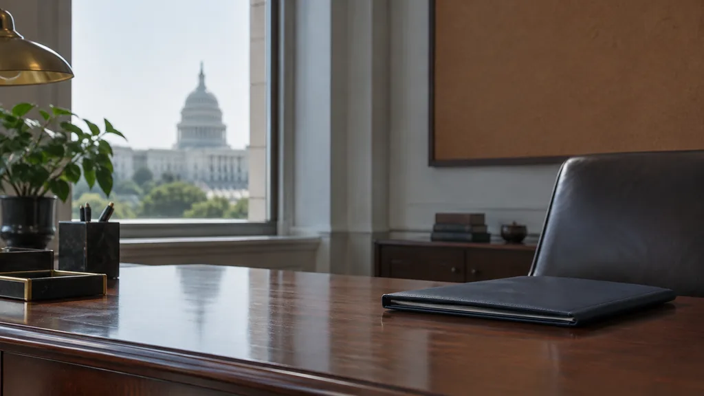 An empty workspace on a Washington DC office table of dark mahogany with an empty pinboard and one closed folder in cool morning light