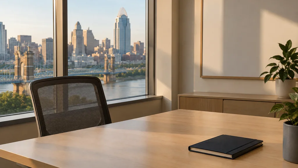 An empty workspace on a Cincinnati office table of pale maple with an empty planning wall and one closed notebook in warm midwestern light