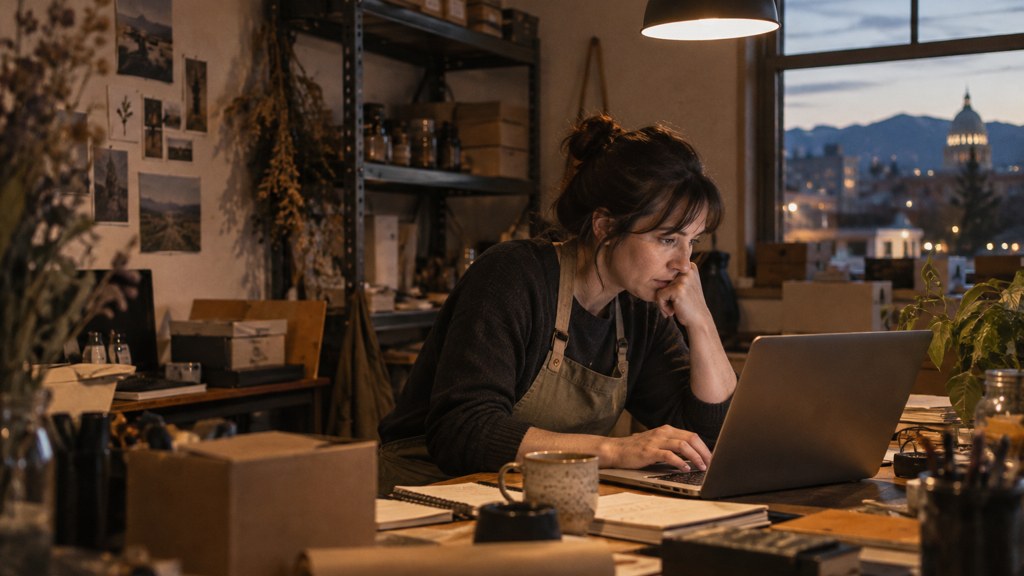 A small-business owner in an apron leaning over a laptop on a cluttered back-office desk late in the day, photographed in Boise