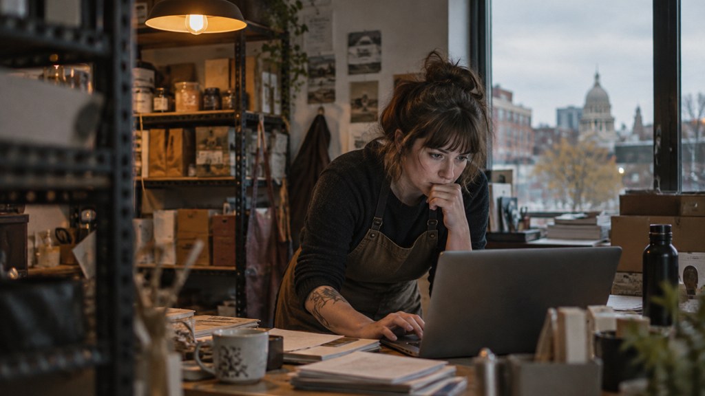 A small-business owner in an apron leaning over a laptop on a cluttered back-office desk late in the day, photographed in Boise