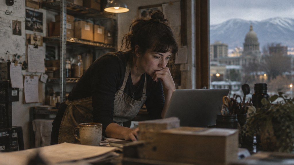 A small-business owner in an apron leaning over a laptop on a cluttered back-office desk late in the day, photographed in Boise