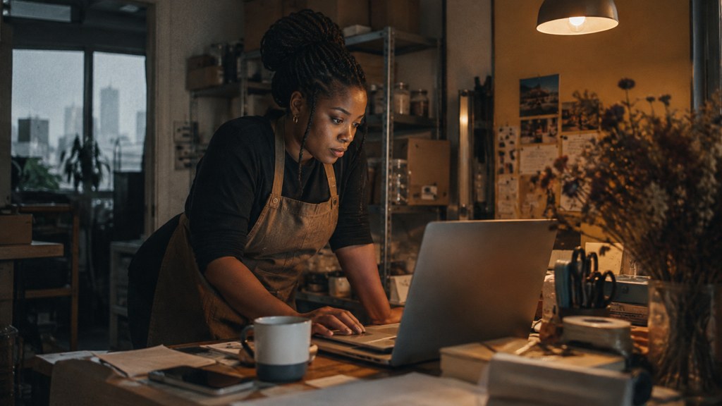 A small-business owner in an apron leaning over a laptop on a cluttered back-office desk late in the day, photographed in Atlanta