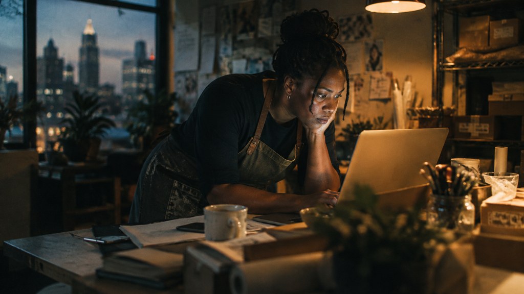 A small-business owner in an apron leaning over a laptop on a cluttered back-office desk late in the day, photographed in Atlanta