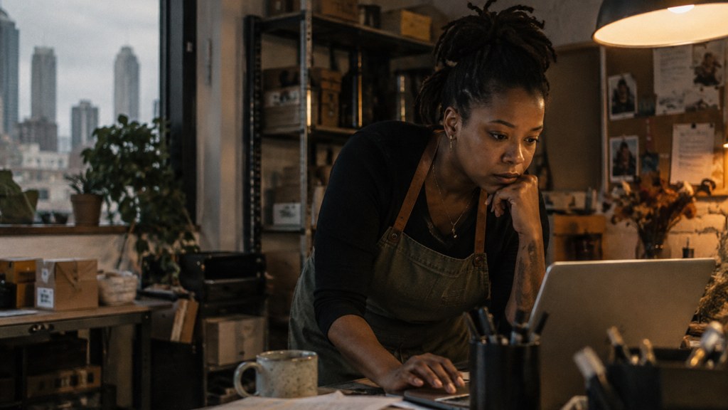 A small-business owner in an apron leaning over a laptop on a cluttered back-office desk late in the day, photographed in Atlanta