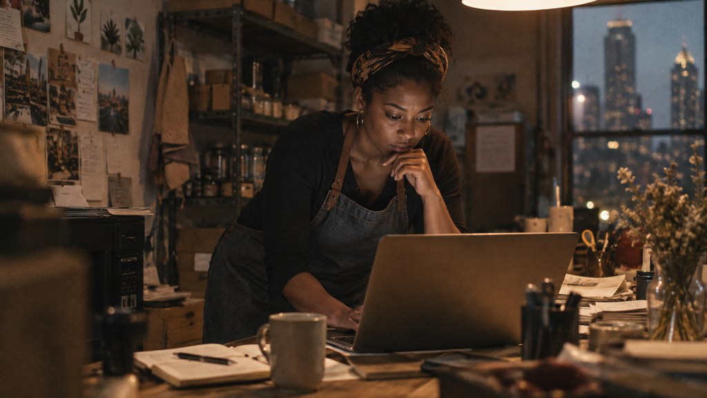 A small-business owner in an apron leaning over a laptop on a cluttered back-office desk late in the day, photographed in Atlanta