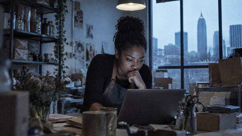 A small-business owner in an apron leaning over a laptop on a cluttered back-office desk late in the day, photographed in Atlanta