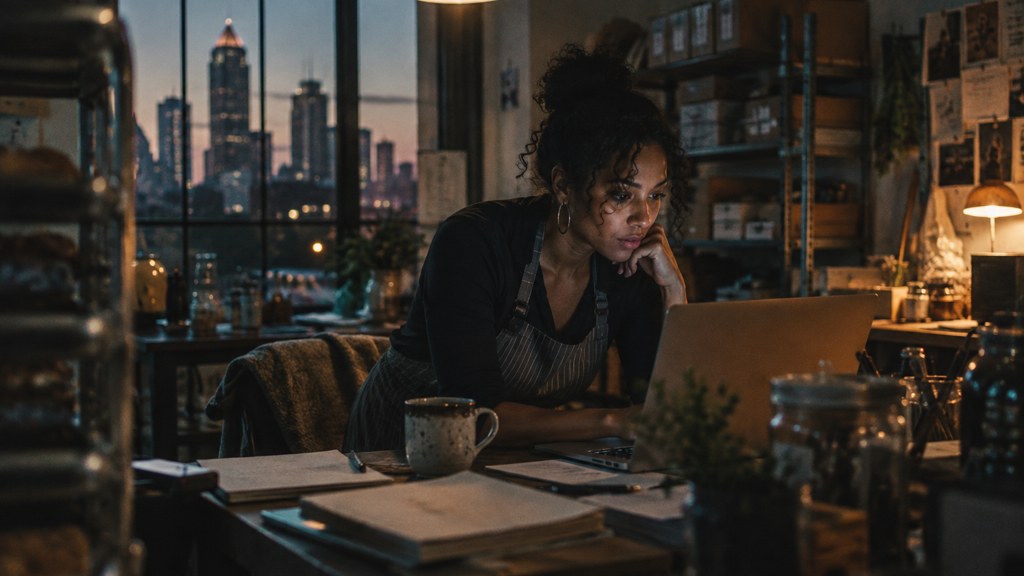 A small-business owner in an apron leaning over a laptop on a cluttered back-office desk late in the day, photographed in Atlanta
