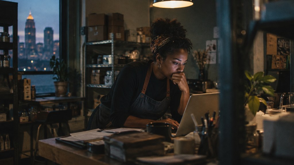 A small-business owner in an apron leaning over a laptop on a cluttered back-office desk late in the day, photographed in Atlanta