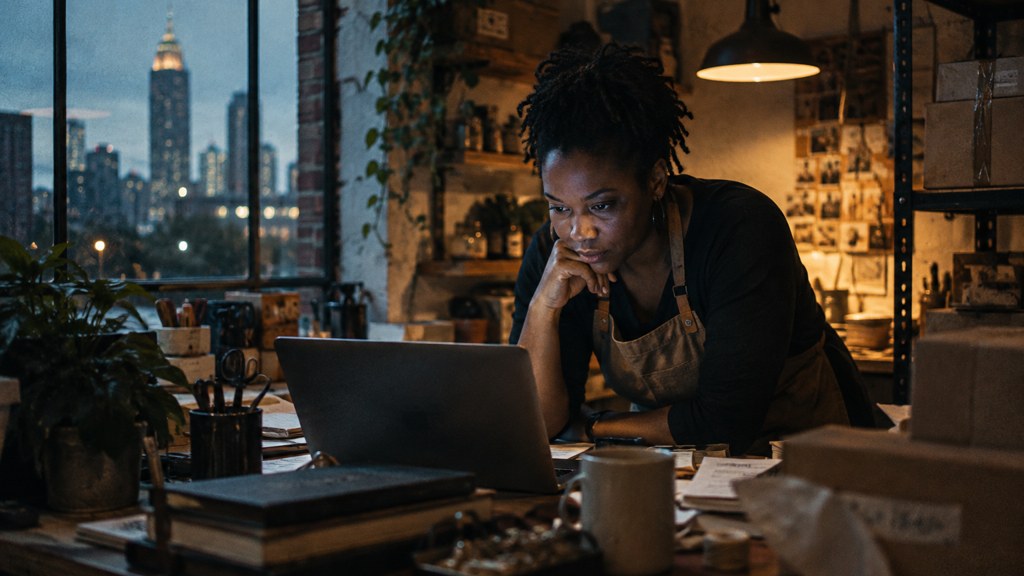 A small-business owner in an apron leaning over a laptop on a cluttered back-office desk late in the day, photographed in Atlanta