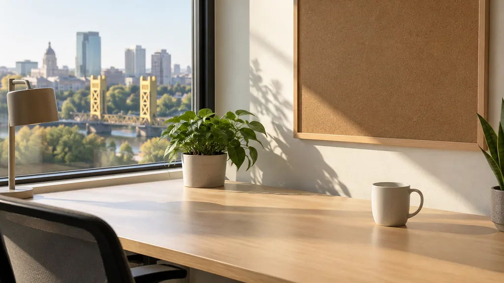 An empty workspace on a Sacramento office table of pale oak with an empty pinboard and one plain cup in bright valley morning light