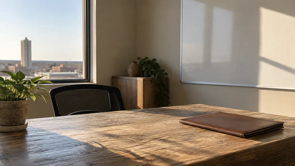 An empty workspace on a Lubbock office table of weathered oak with a blank whiteboard and one closed folder in dry afternoon light