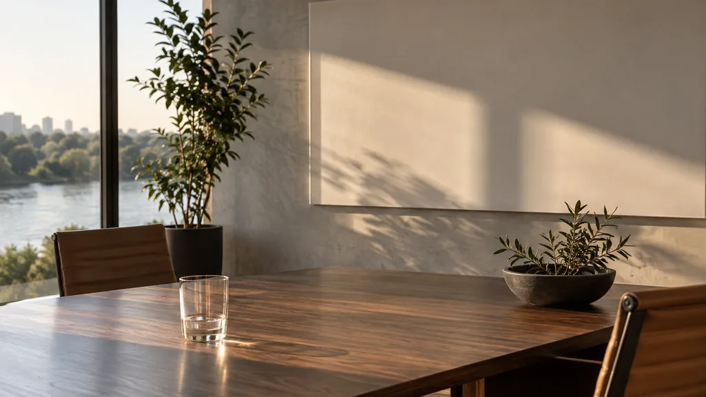 An empty workspace on a Riverside office table of dark walnut with an empty planning wall and one plain glass in warm inland light
