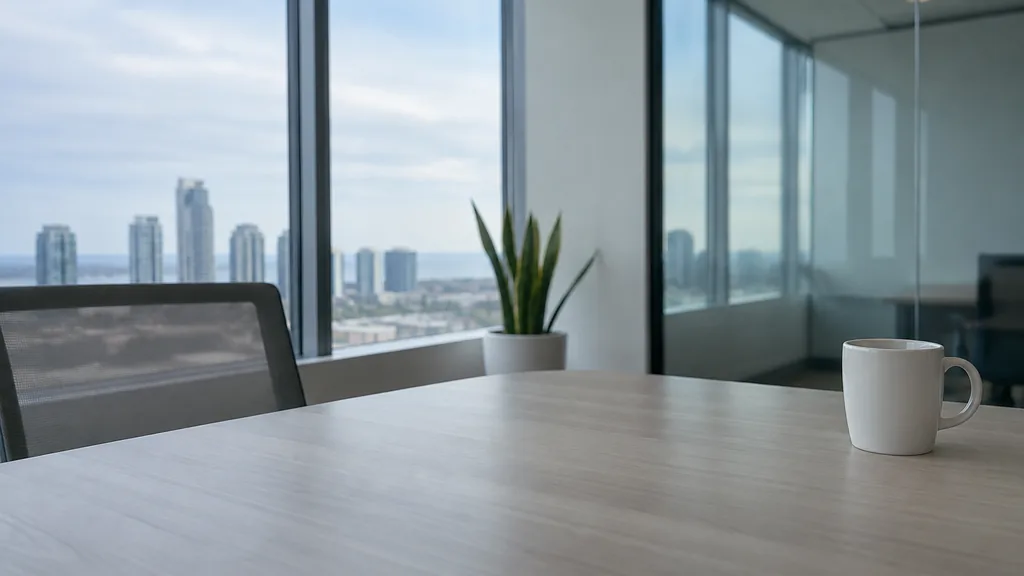 An empty workspace on a Mississauga office table of light ash with a blank glass wall and one plain mug in cool lakeside light