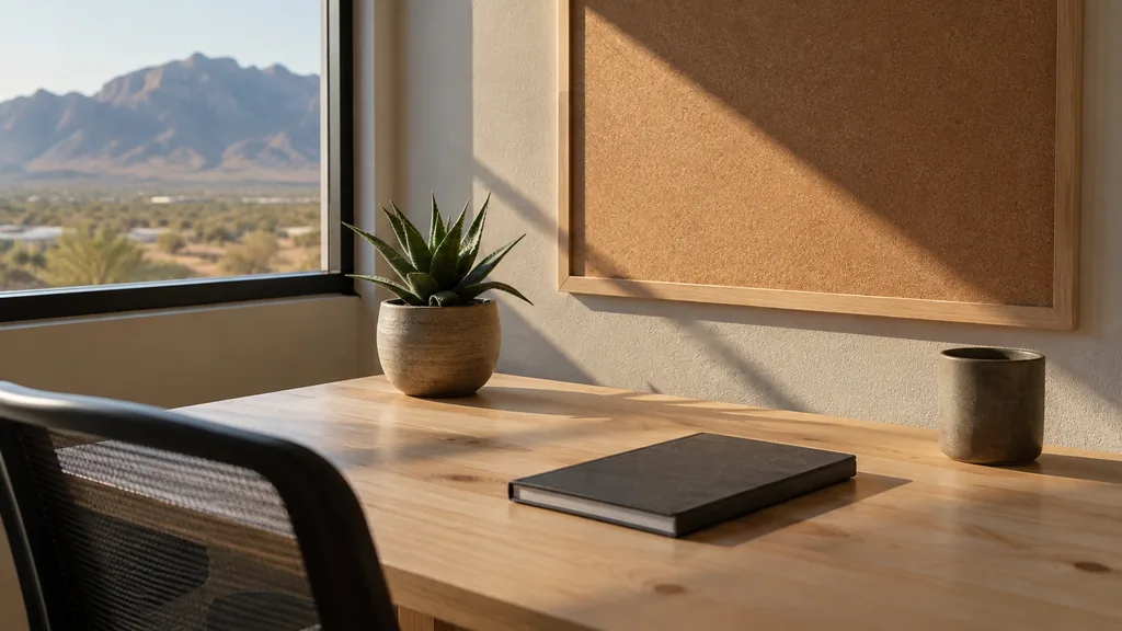 An empty workspace on an Albuquerque office table of pale pine with an empty pinboard and one closed notebook in high desert light