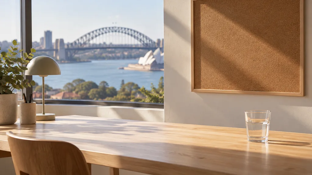 An empty workspace on a Sydney studio table of pale eucalypt timber with an empty pinboard and one plain glass in bright harbour morning light