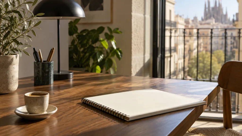 An empty workspace on a Barcelona studio table of warm walnut with a blank paper pad and one small espresso cup in soft mediterranean light