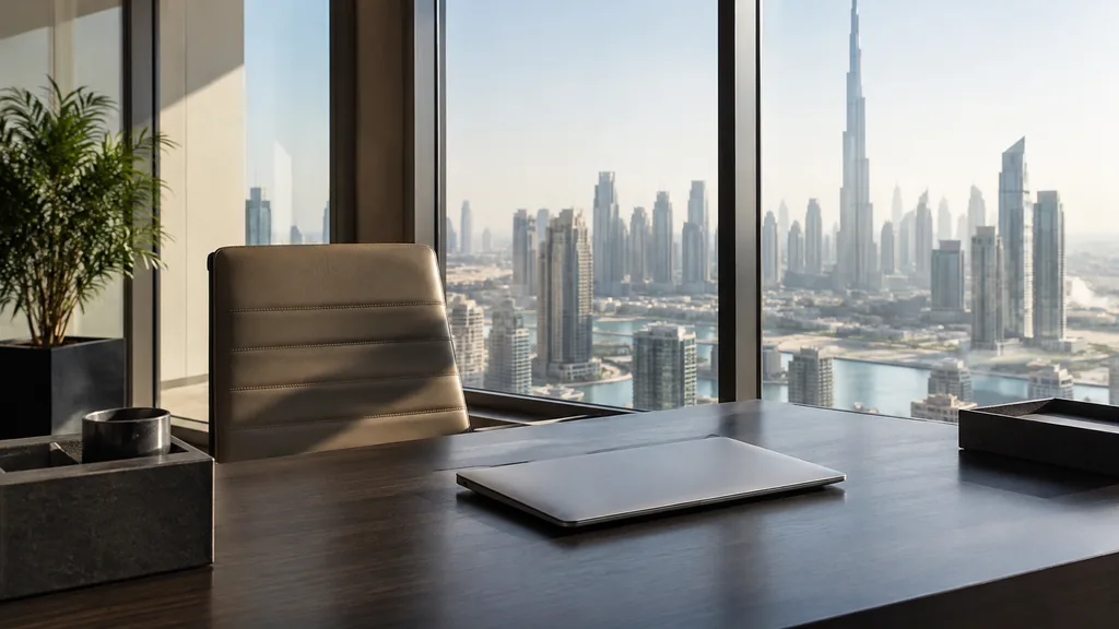 An empty workspace on a Dubai office table of dark veneer with an empty glass wall and one closed laptop in bright gulf afternoon light