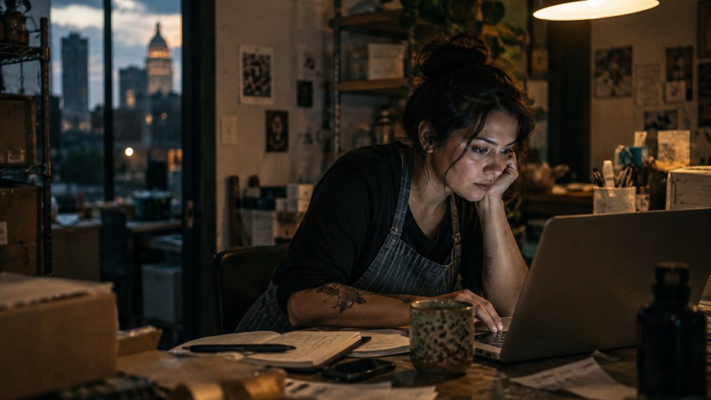 A small-business owner in an apron leaning over a laptop on a cluttered back-office desk late in the day, photographed in Austin
