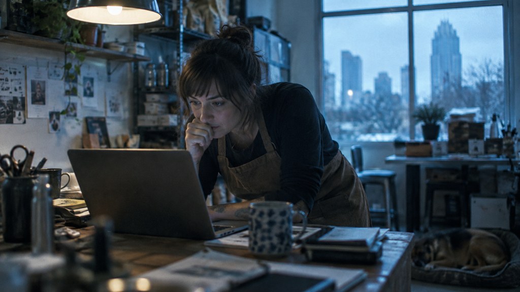 A small-business owner in an apron leaning over a laptop on a cluttered back-office desk late in the day, photographed in Austin