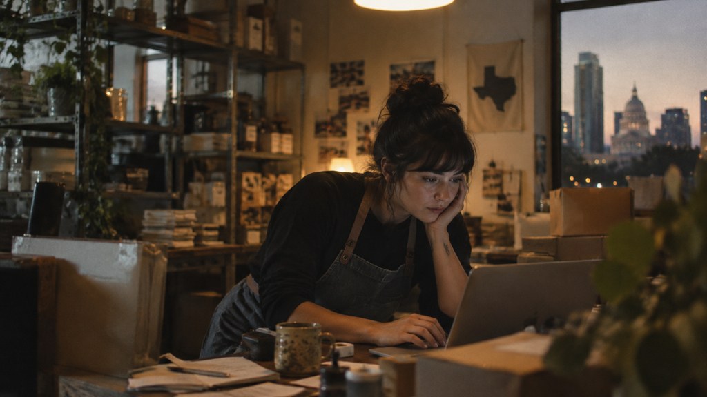 A small-business owner in an apron leaning over a laptop on a cluttered back-office desk late in the day, photographed in Austin