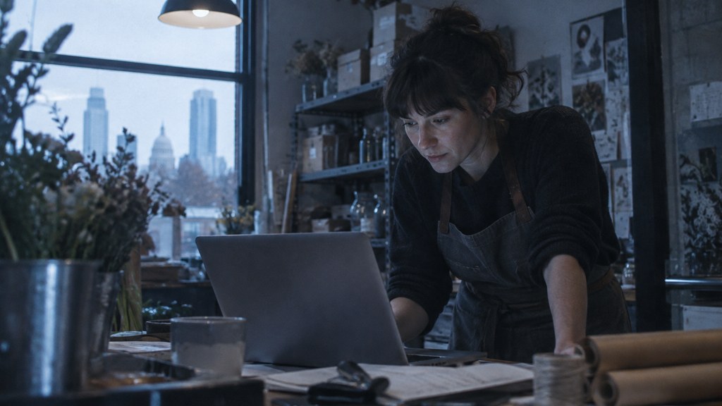 A small-business owner in an apron leaning over a laptop on a cluttered back-office desk late in the day, photographed in Austin
