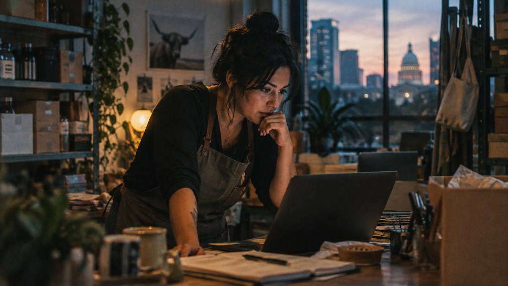 A small-business owner in an apron leaning over a laptop on a cluttered back-office desk late in the day, photographed in Austin