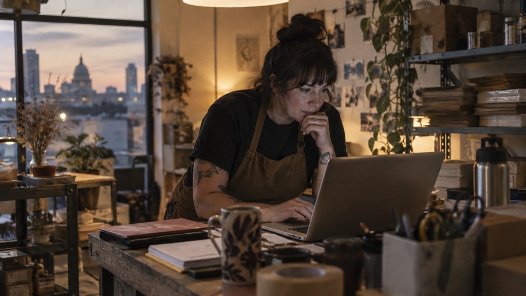 A small-business owner in an apron leaning over a laptop on a cluttered back-office desk late in the day, photographed in Austin