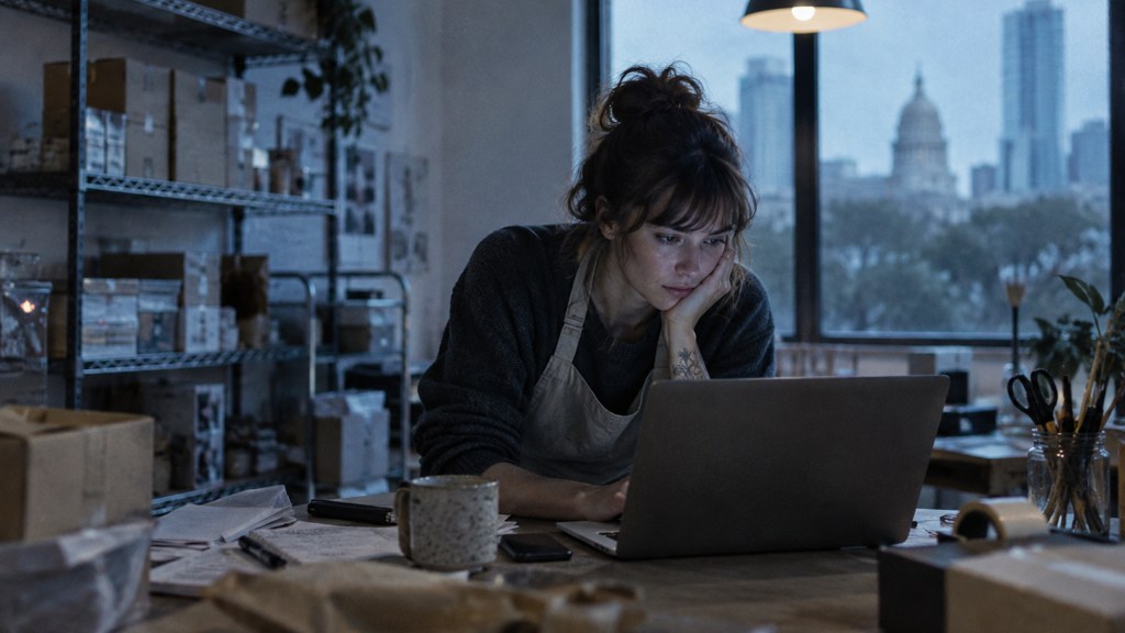 A small-business owner in an apron leaning over a laptop on a cluttered back-office desk late in the day, photographed in Austin