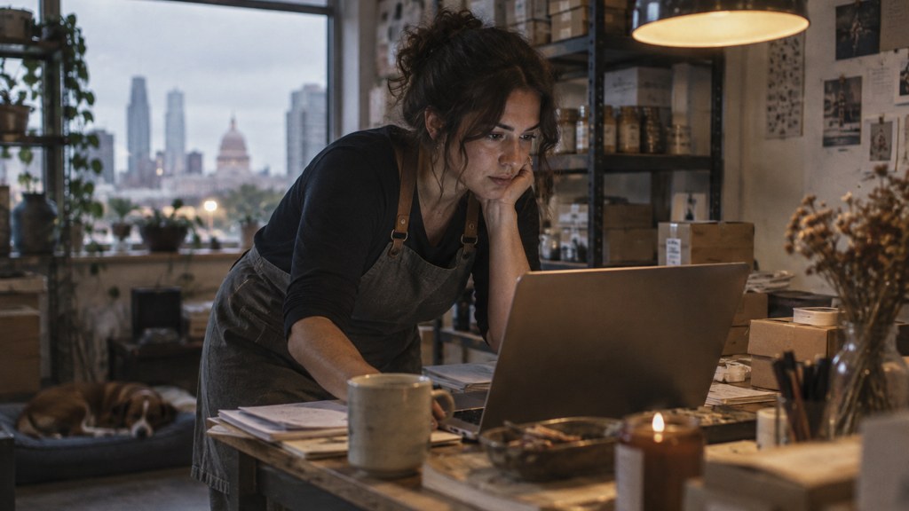 A small-business owner in an apron leaning over a laptop on a cluttered back-office desk late in the day, photographed in Austin