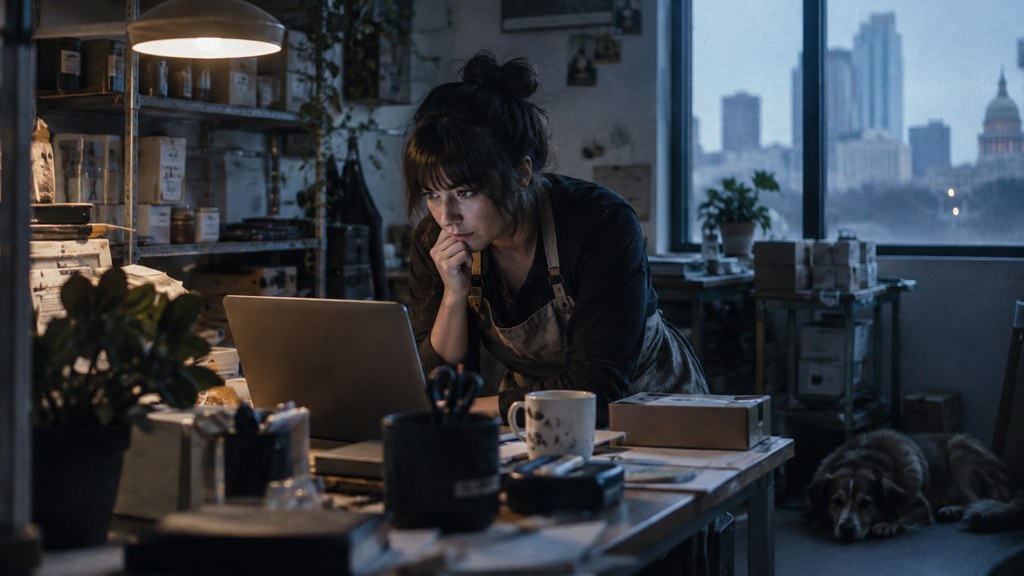A small-business owner in an apron leaning over a laptop on a cluttered back-office desk late in the day, photographed in Austin