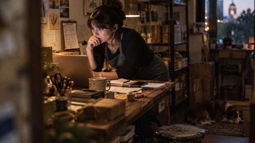 A small-business owner in an apron leaning over a laptop on a cluttered back-office desk late in the day, photographed in Austin