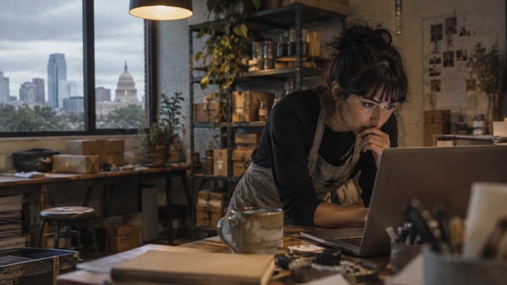 A small-business owner in an apron leaning over a laptop on a cluttered back-office desk late in the day, photographed in Austin