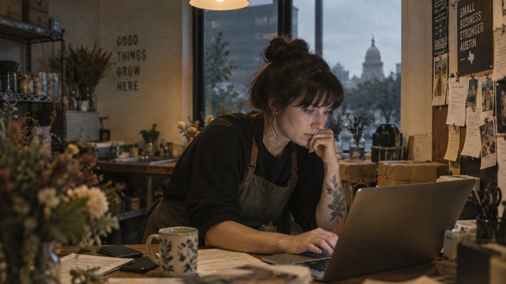 A small-business owner in an apron leaning over a laptop on a cluttered back-office desk late in the day, photographed in Austin