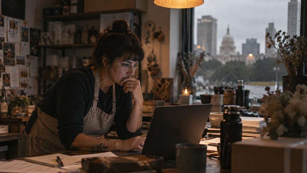 A small-business owner in an apron leaning over a laptop on a cluttered back-office desk late in the day, photographed in Austin