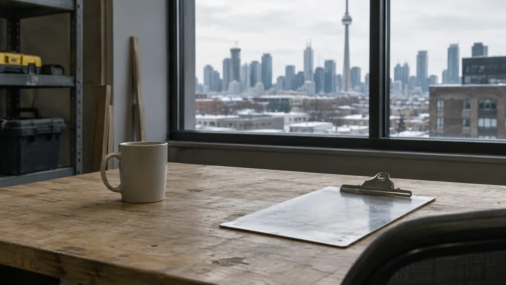 An empty workspace: an empty Toronto contractor office desk of scuffed pale wood with a bare metal clipboard and one plain mug in cold winter window light