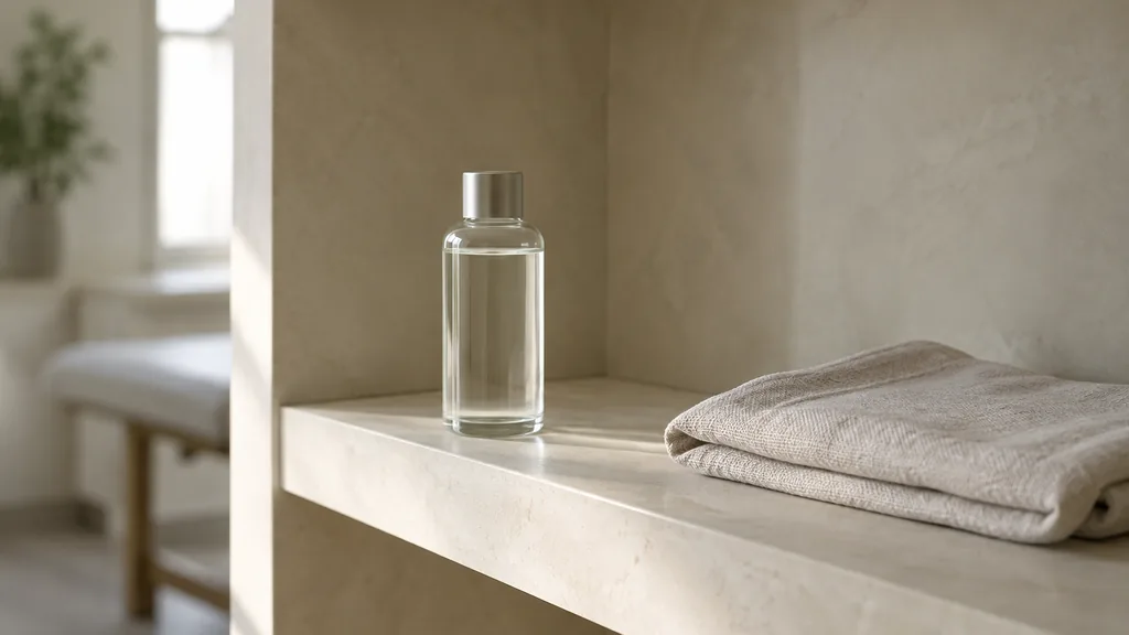 An empty workspace: an empty clinic retail shelf of pale stone with one unlabelled glass bottle and a folded linen cloth in soft diffused daylight
