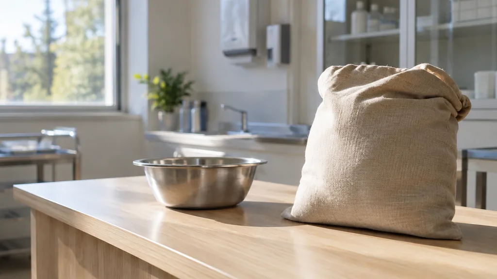 An empty workspace: an empty clinic counter of light timber with a stainless bowl and a plain unlabelled sack in bright morning light