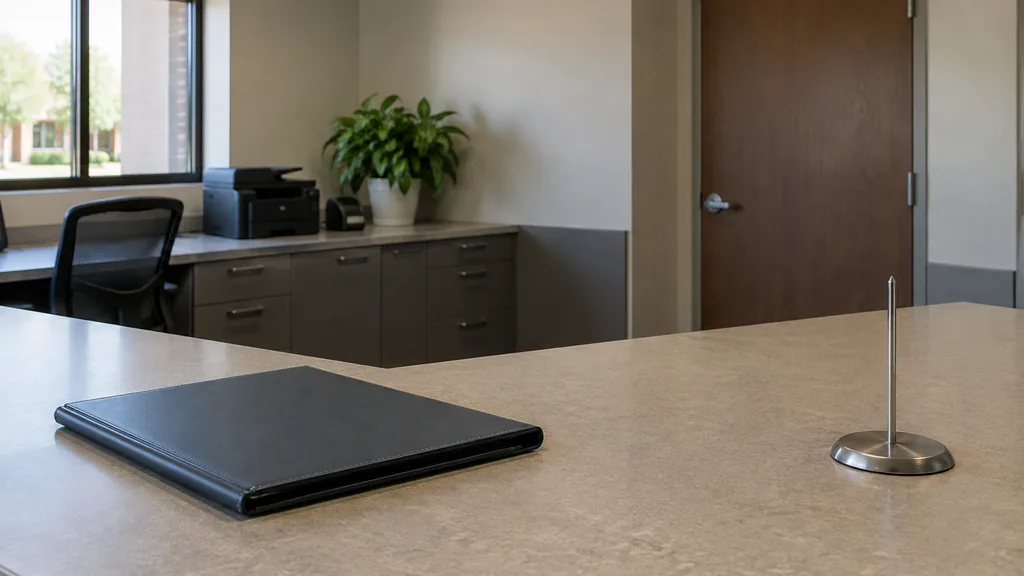 An empty workspace: an empty franchise back-office counter of laminate with a bare receipt spike and one closed folder in flat overhead light