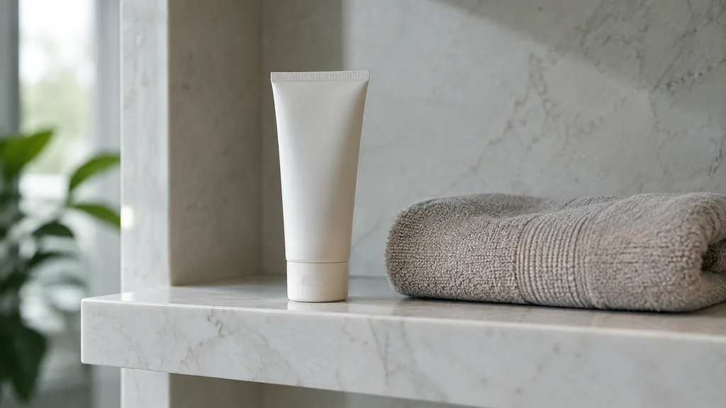 An empty workspace: an empty practice retail shelf of white stone with one plain unlabelled tube and a folded towel in cool even light
