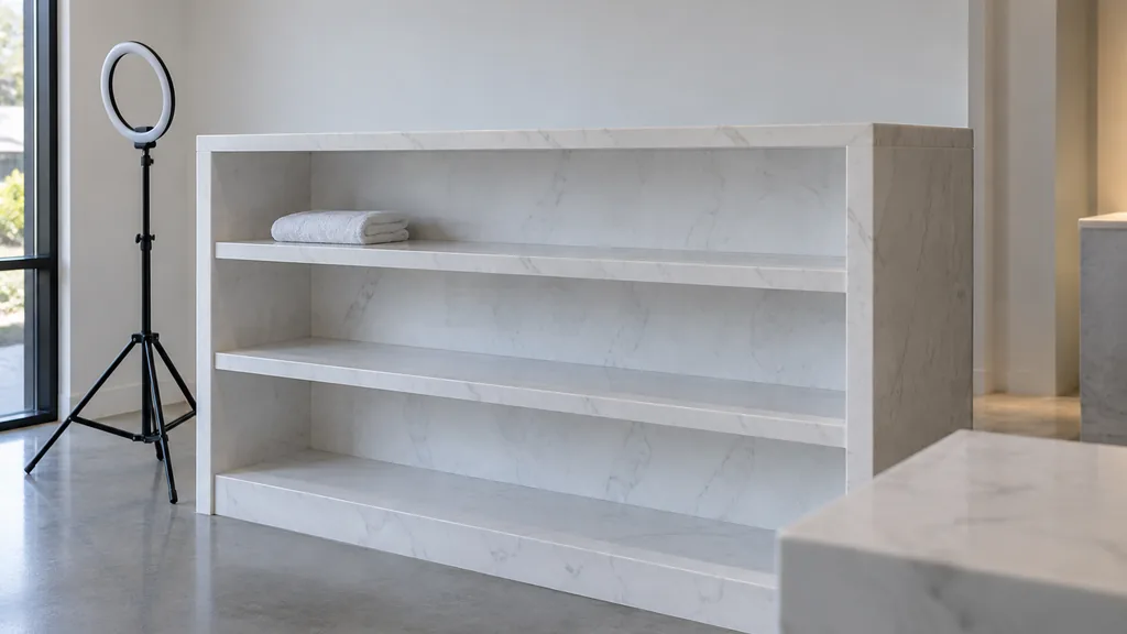 An empty workspace: an empty practice retail shelf of white stone with a bare ring light stand and one folded towel in cool even light