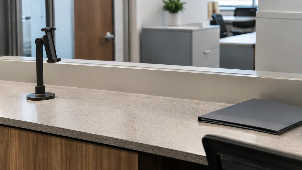 An empty workspace: an empty franchise back-office counter of laminate with a bare phone clamp and one closed folder in flat overhead light