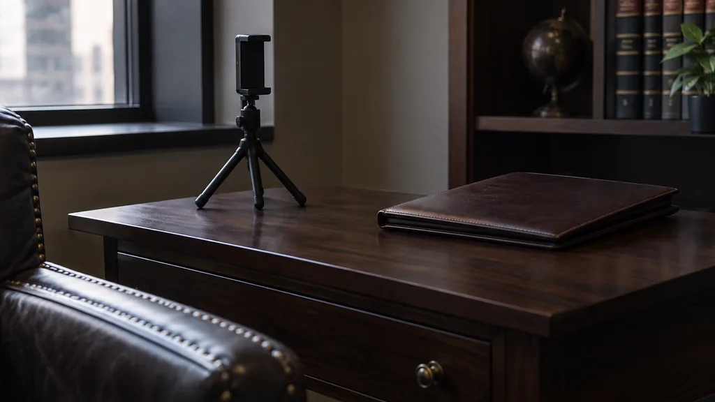 An empty workspace: an empty law office side table of dark walnut with a bare phone tripod and one closed leather folder in low window light